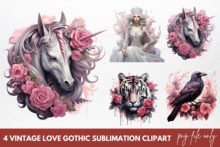 Vintage Love Gothic Sublimation Clipart, Pink Halloween