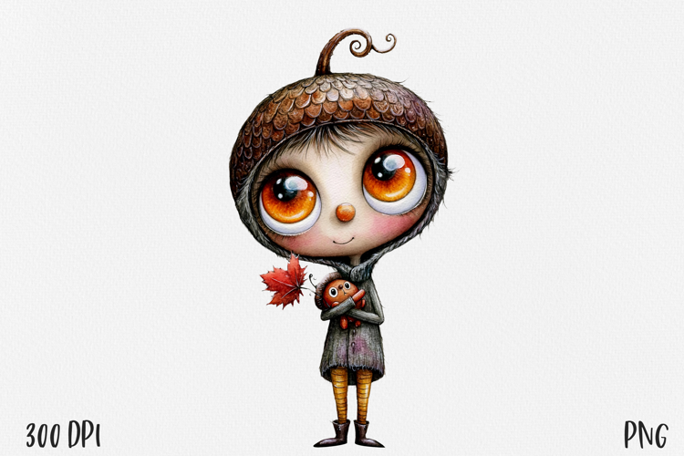 Whimsical Autumn Girl PNG, Cute Woodland Character Clipart