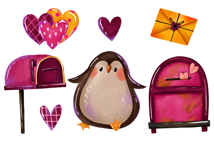 Penguin Valentine Love Day. Cartoon Stickers Cartoon hand