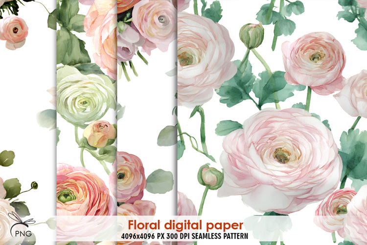 Watercolor floral digital paper, seamless pattern