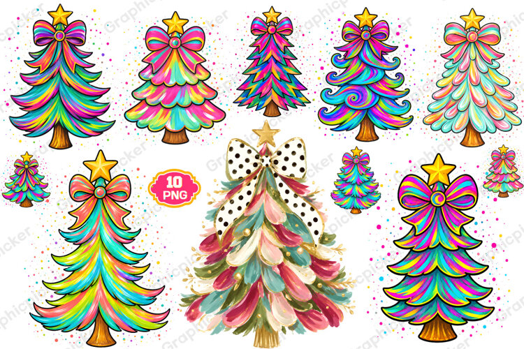 Colorful Coquette Pink Christmas Tree Merry and Bright Png example image 1