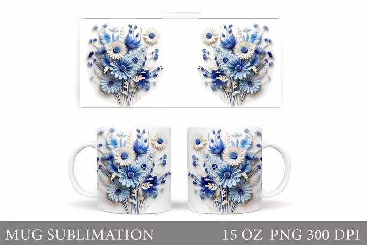 3D Wildflowers Mug Wrap Design. Flowers Mug Sublimation