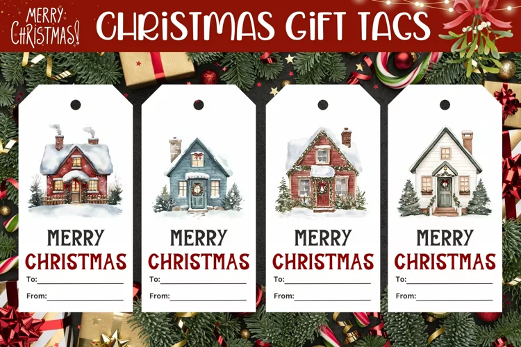 Christmas House Gift Tags, Watercolor Christmas Gift Tag
