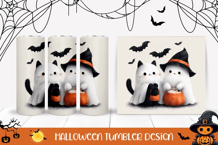 Halloween Ghost Tumbler Wrap, Cartoon Cat Sublimation