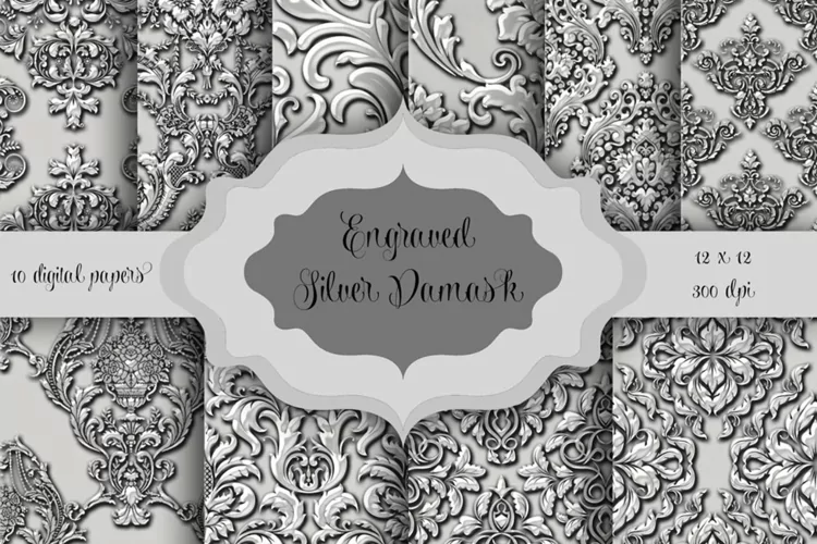 Engraved Silver Metal Damask Digital Paper