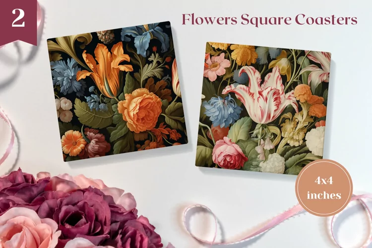 Flowers Square Coaster Sublimation, Flowers Sublimation