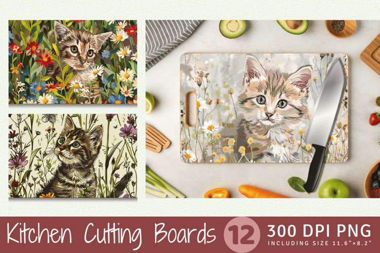 Kitten in Wildflowers Cutting Boards sublimation Design