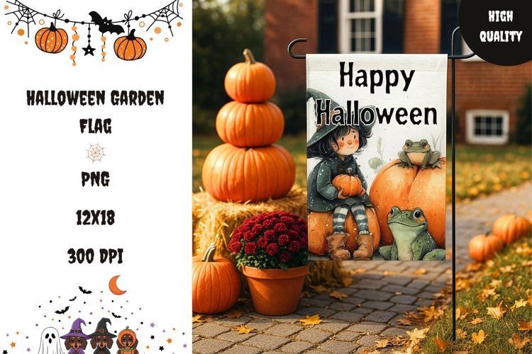 Witch Garden Flag Template, Watercolor Halloween Garden Flag