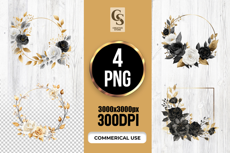 Black White Gold Floral Wreath Frame Clipart Sublimation PNG