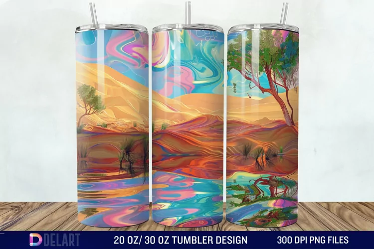 3D Tranquil Desert Oasis Stained Glass Tumbler Wrap