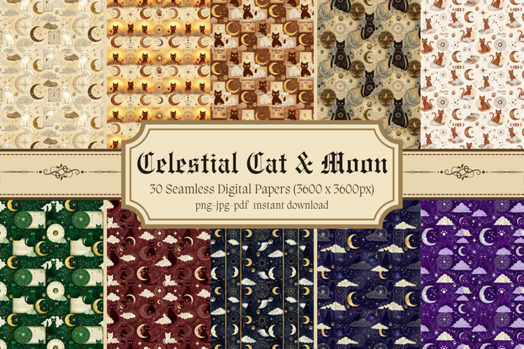 Celestial Cat & Moon Digital Paper,Mystic Seamless Pattern example image 1