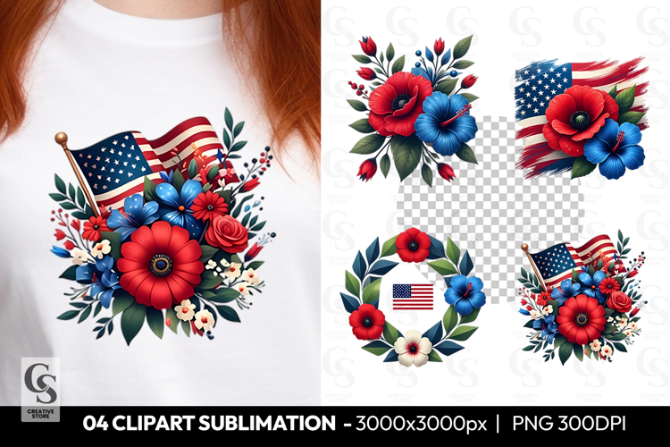 Patriotic Floral Clipart sublimatoin PNG