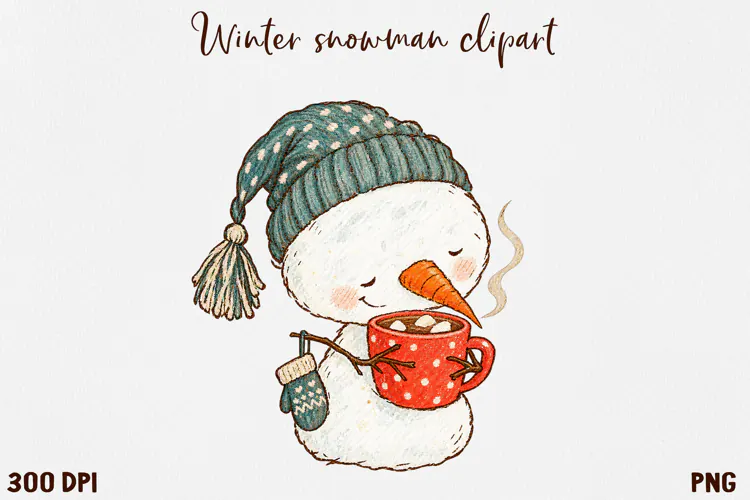 Cute Winter Snowman Clipart, Cozy Christmas Snowman PNG.
