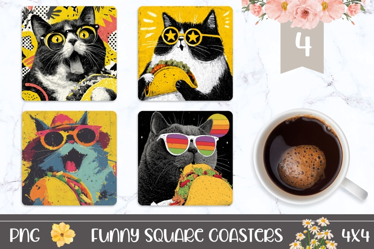 Funny Cat Square Coasters, Funny Square Coaster Template