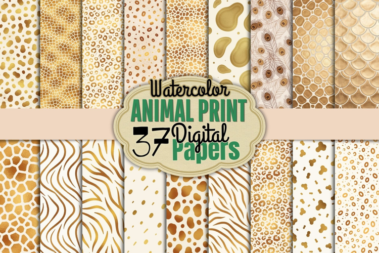 Gold Foil Watercolor Animal Print Digital Paper
