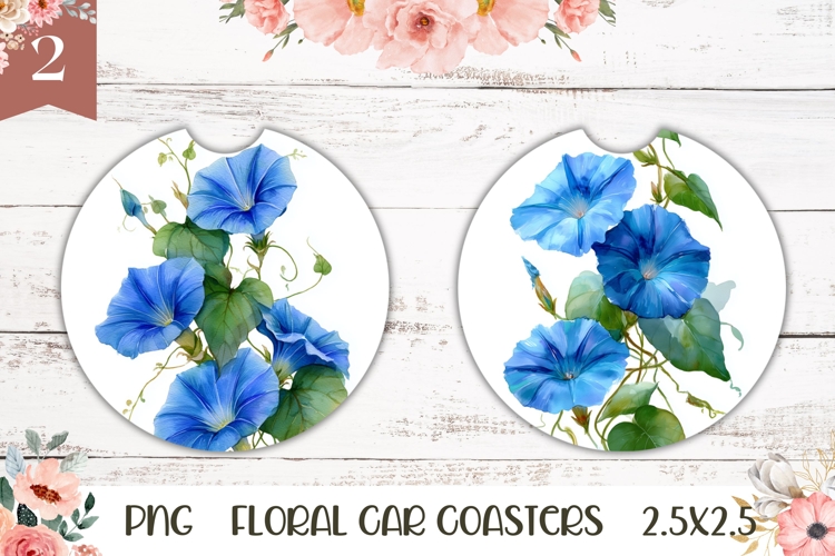 Blue Flowers Car Coasters, Floral Round Coaster Designs example image 1
