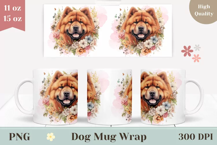 Watercolor Chow Chow Dog Mug Wrap, Dog Coffee Cup Design