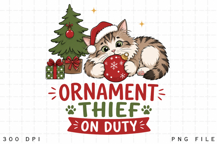 Cat Christmas PNG, Ornament Thief On Duty PNG, Funny Tabby