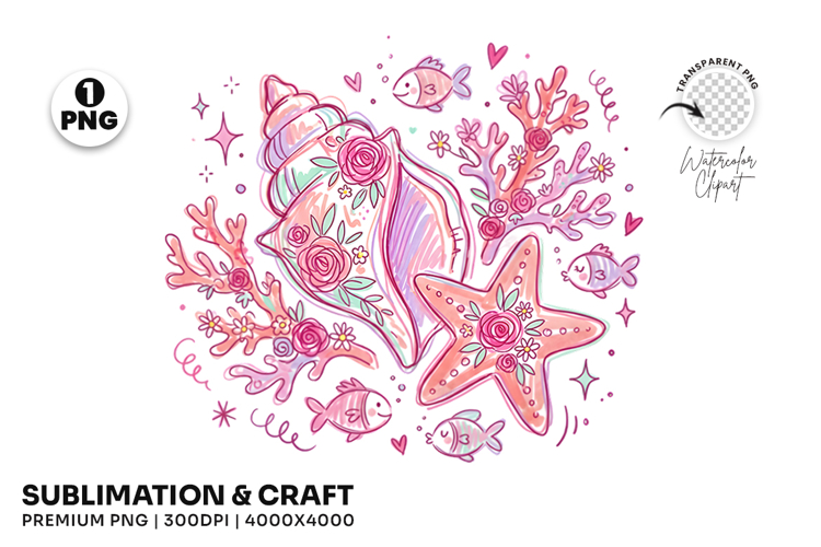 Hand Drawn Summer Seashell Starfish Underwater Clipart PNG