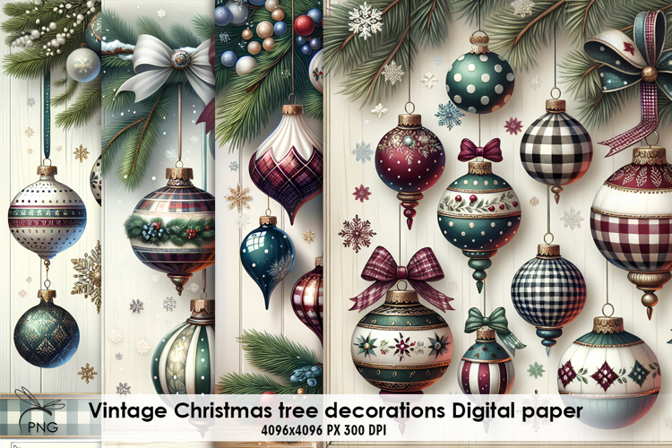 Christmas tree decorations digital paper, background clipart