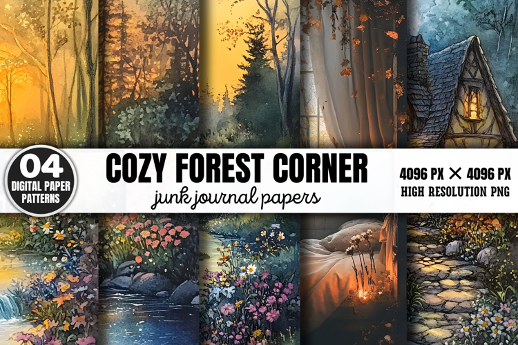 Cozy Forest Corner Junk Journal Paper Patterns PNG