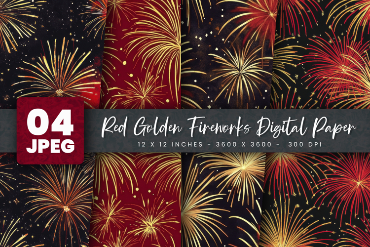 Red Golden Fireworks Digital Paper
