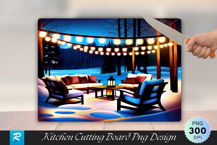 Rustic Outdoor Seating Lanterns and Snowy Cutting Board PNG example image 1