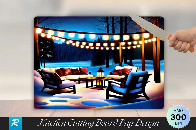 Rustic Outdoor Seating Lanterns and Snowy Cutting Board PNG