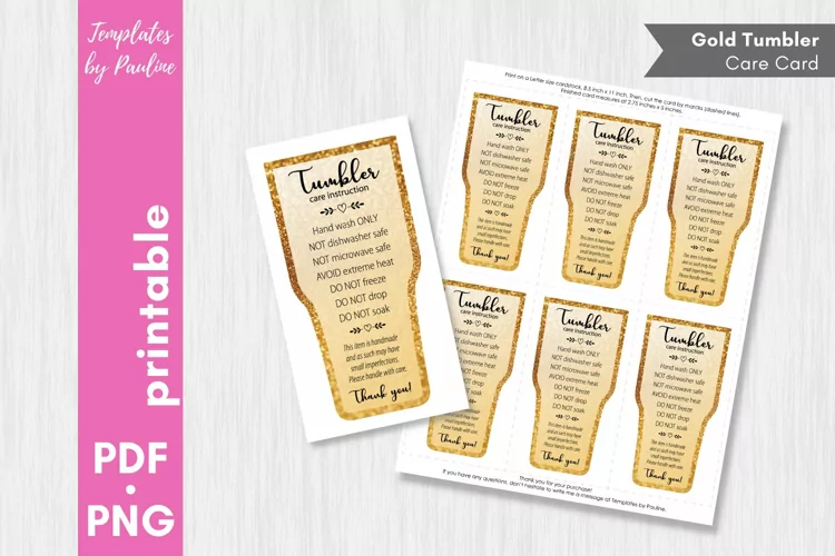 Gold glitter tumbler care card. Cup care instruction card.