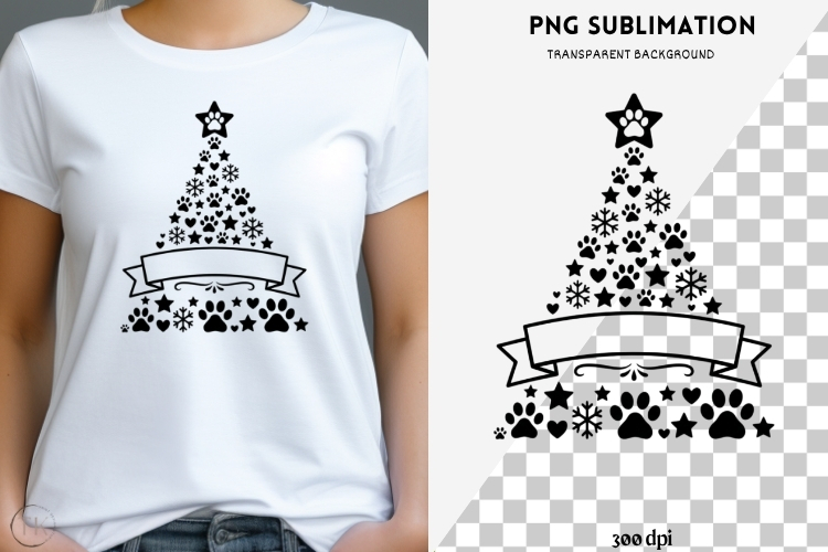 Paw print Christmas tree png design for T-shirts
