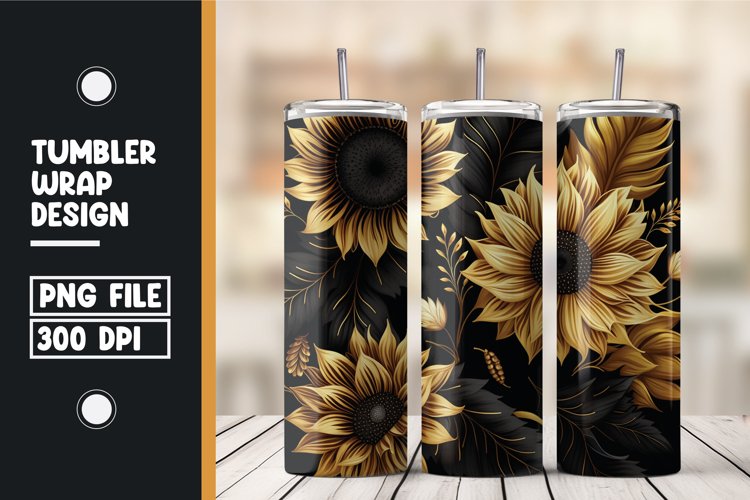 Golden and black 3d Sun flowers Tumbler example image 1