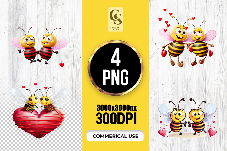 Cute Bee Couple Heart Illustration Clipart Sublimation PNG