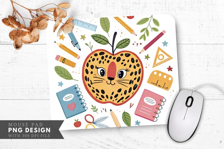 Whimsical Leopard Apple with Educational Tools Mouse Pad PNG