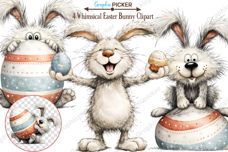 Whimsical Bunny Easter Clipart, Watercolor Easter Bunny PNG
