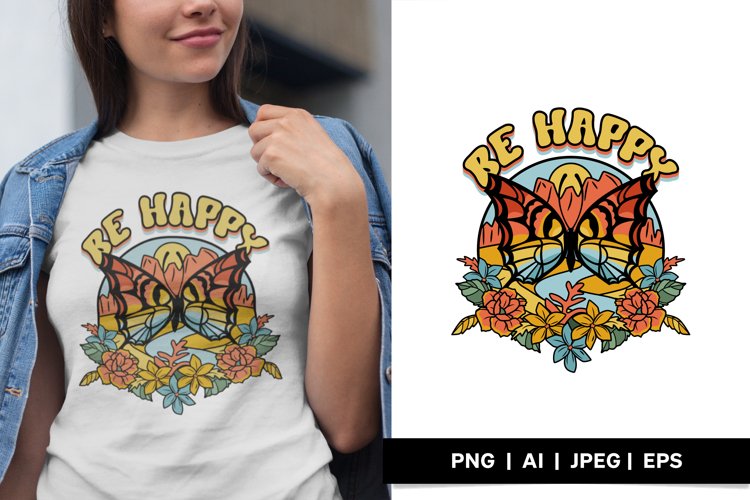 Be Happy, Vintage Butterfly with Rocky Mountain and Flowers