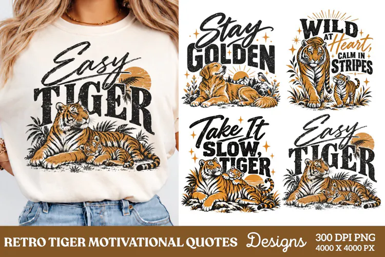 Easy Tiger Retro Quote PNG, Tiger Mom and Cub Vintage PNG, T