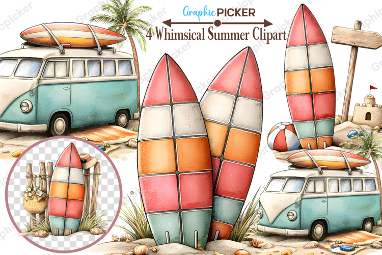 Whimsical Summer beach seasonal Clipart, Summer PNG Design