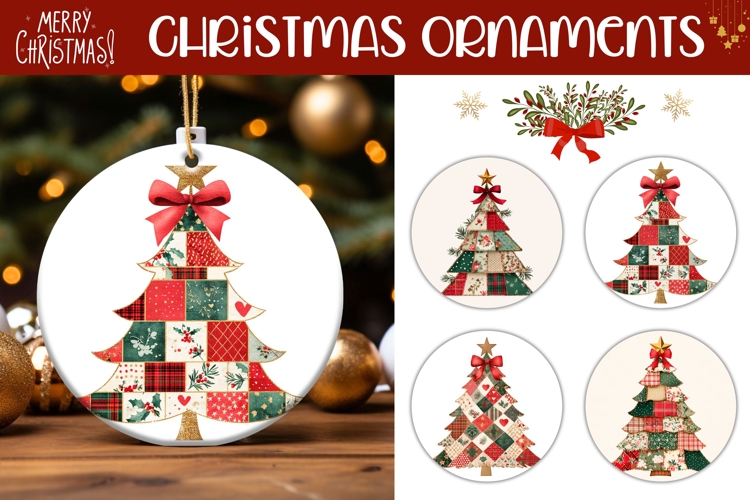 Patchwork Christmas Tree Round Ornaments, Christmas Gift Tag