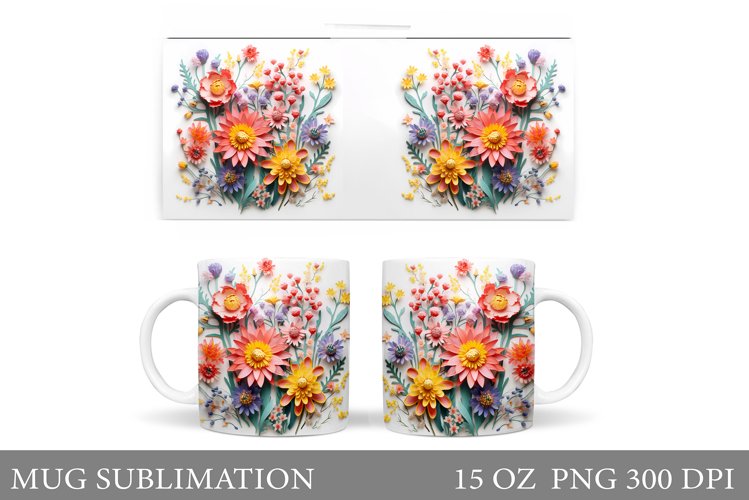 3D Wildflowers Mug Sublimation. Flowers Mug Wrap Design example image 1