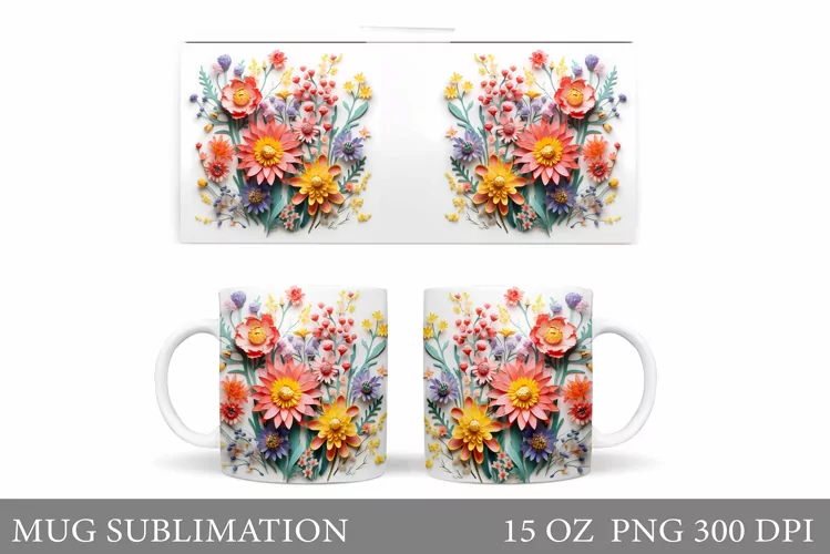 3D Wildflowers Mug Sublimation. Flowers Mug Wrap Design