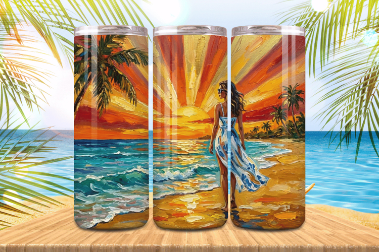 Sunset beach woman enjoy Summer Tumbler Wrap PNG Sublimation