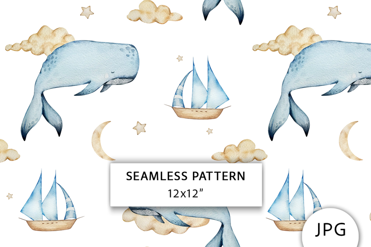 Watercolor Whale Dreams Seamless Pattern