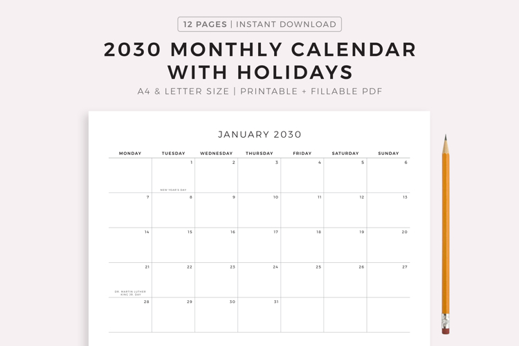 2030 Monthly Calendar with Holidays, Landscape, Printable