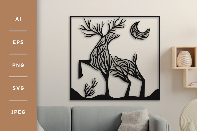 Deer and Crescent Moon Made of The Twigs Lasercut Design SVG