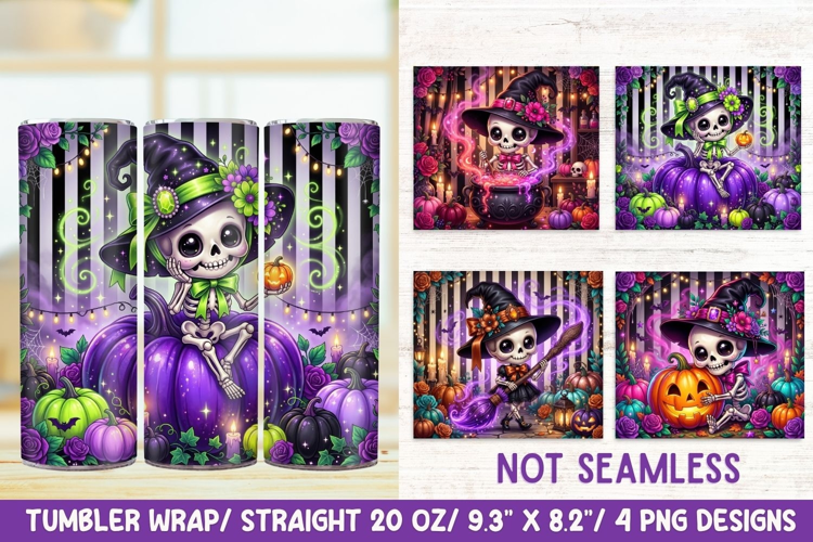 Cute Skeleton Witch 20 OZ Skinny Tumbler Wrap Png.