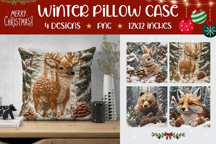 Knitted Winter Animals Pillow Case, Winter Forest Pillow PNG