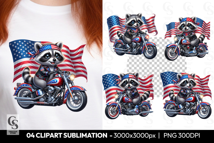 Patriotic Raccoon Biker Clipart PNG
