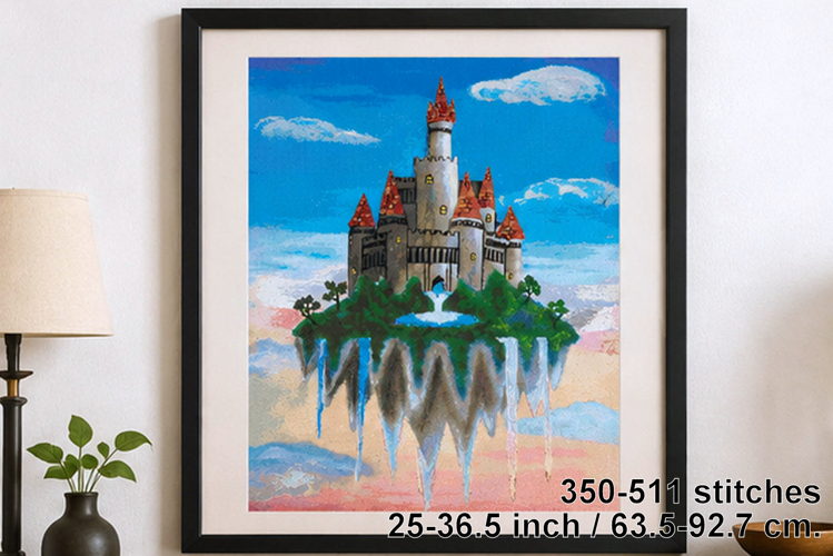 Cross stitch floating castle island embroidery digital file.