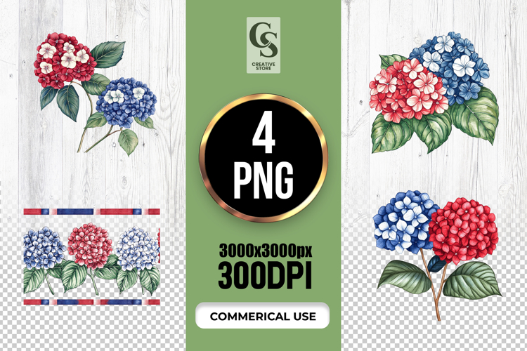 Patriotic Hydrangea Watercolor Clipart PNG