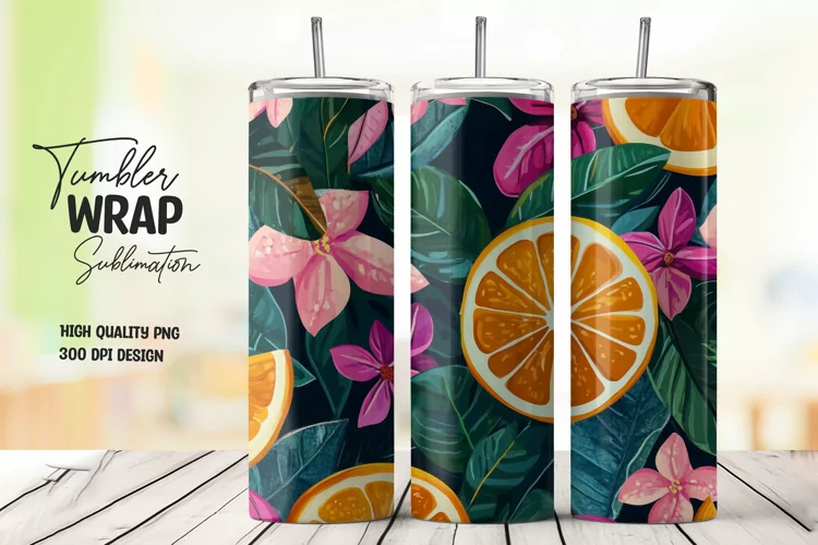 Orange with Leaves and Flowers Tumbler Wrap Sublimation